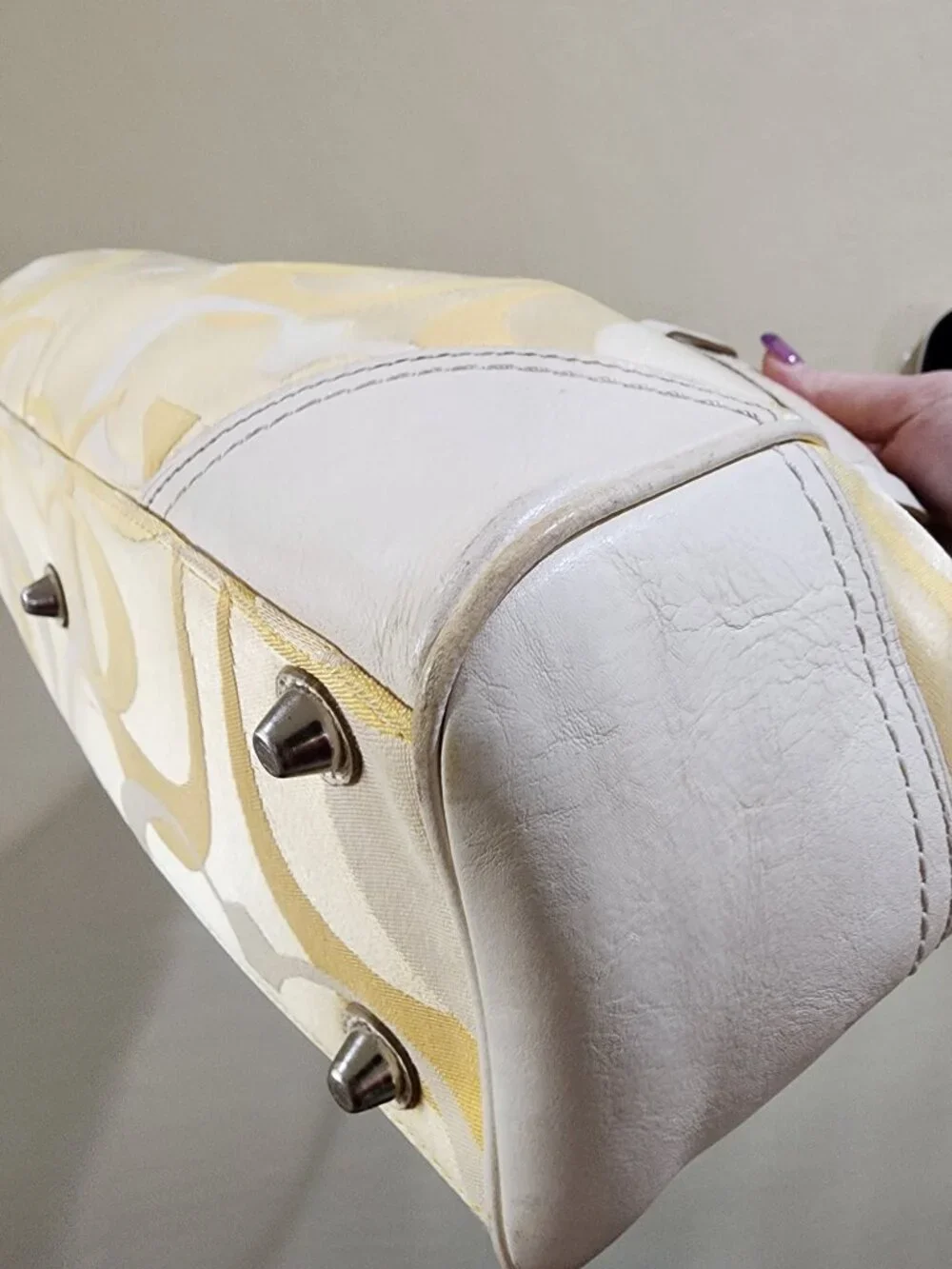 Coach Hampton Optic Signature Stripe Yellow White Double Handle Shoulder Bag